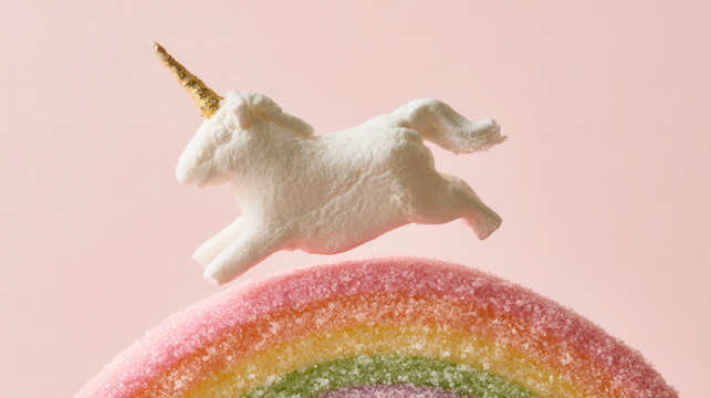Cute unicorn marshmallow candy sitting on rainbow gummy bridge treat base.