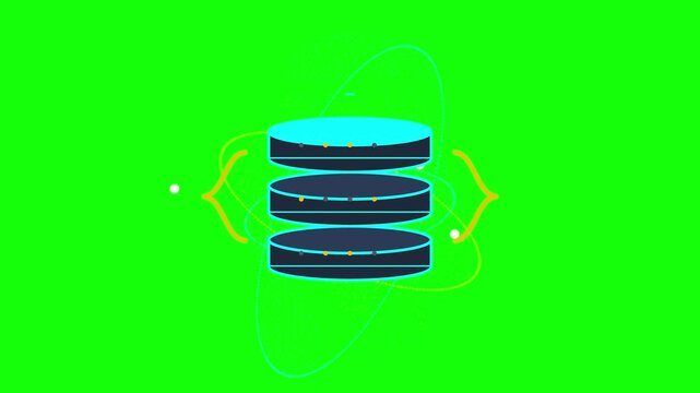 Abstract database icon animation with SQL query text and secure data sync concepts on a chroma key green screen.