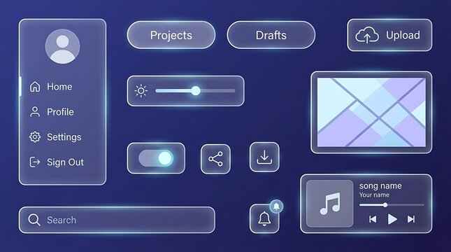 Modern Glassmorphism User Interface Design Elements Set for Digital Software Application Development and Interactive Web Projects