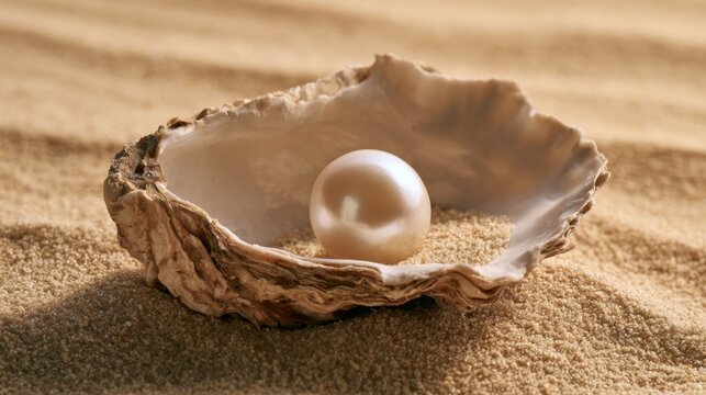 Single white pearl inside open rough oyster shell lying on golden sand under natural sunlight outdoor