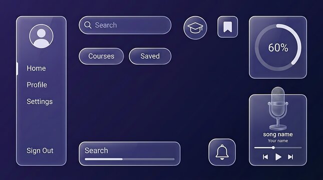 Glassmorphism UI Kit Elements for Modern Web Interface Design featuring Translucent Frosted Dashboard Components and Navigation Menus
