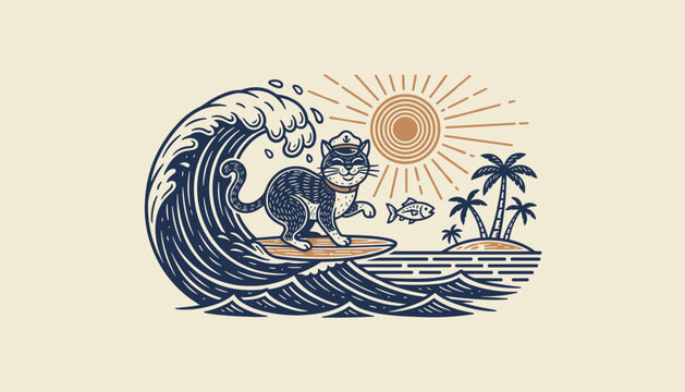 Retro engraving style illustration of a cute cat wearing a sailor hat surfing on a giant ocean wave near a tropical island.