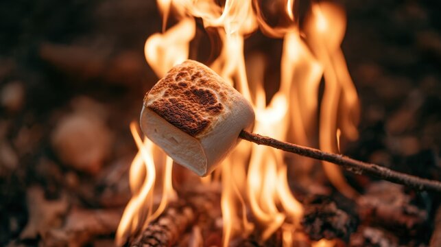 Close-up of toasted marshmallow held on stick above campfire flame glowing warmly in outdoor setting at night