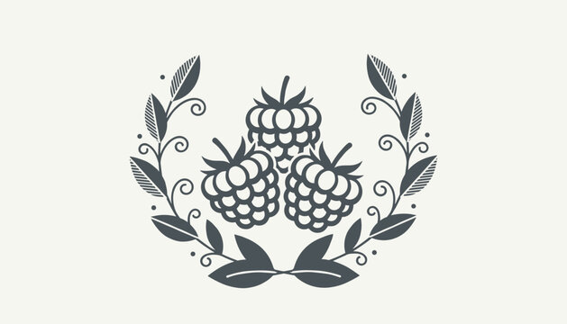 Minimalist flat vector illustration of three organic raspberries arranged inside a green leaf laurel wreath.