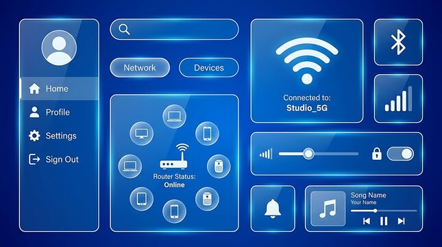 Glassmorphism User Interface Kit Featuring Network Connectivity Dashboard and Media Control Widgets for Modern Digital Applications