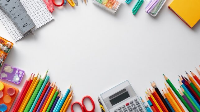 School supplies border with math theme on white background, colorful pencils, ruler, calculator, numbers, mathematical symbols, geometry shapes and educational stationery for classroom learning, study