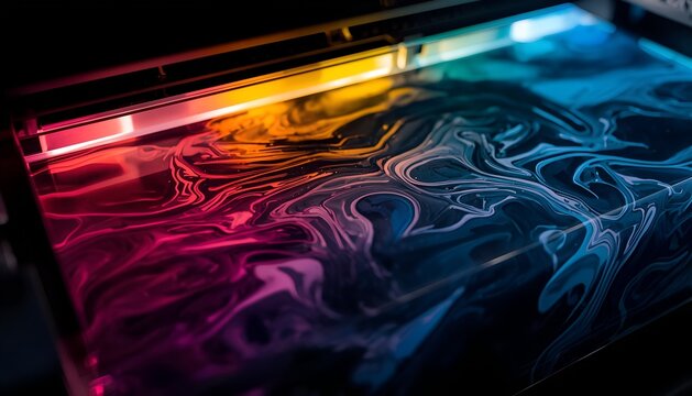 High tech uv curable ink printing process with neon lit printing machine showing fluid ink texture closeup and glowing printer head inside digital uv flatbed printer.
