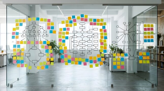 Complex flowchart diagrams drawn on glass office partitions decorated with colorful adhesive sticky notes for professional project management planning sessions
