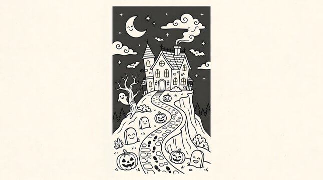 Haunted house on a spooky hill at night