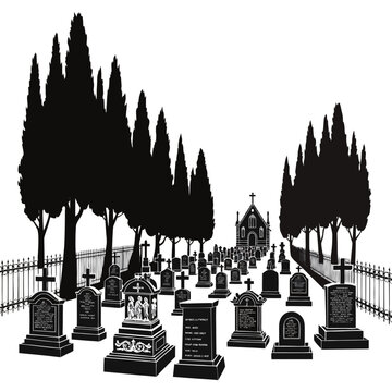 Gothic cemetery silhouette with tombstones and cypress trees, spooky graveyard landscape vector, dark funeral burial ground with church