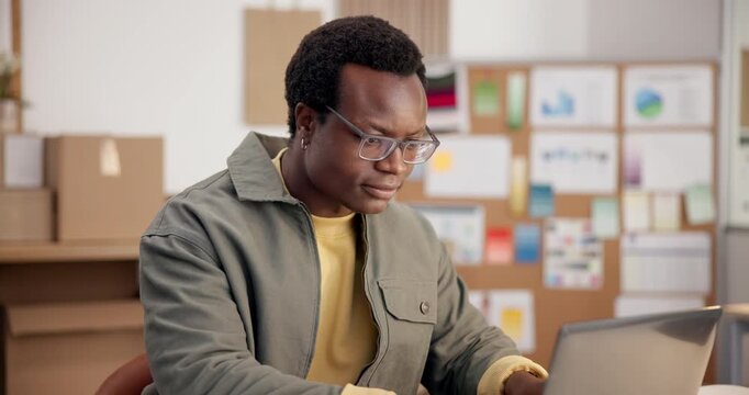 Ecommerce, man and typing in business with laptop, research or check customer database for logistics. Black person, sales stats and insights in retail company with computer, supply chain or forecast.