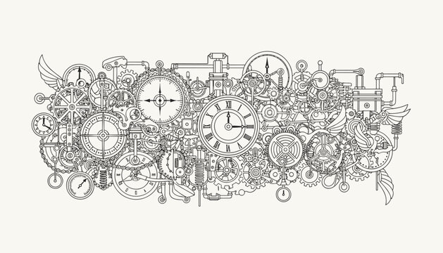 Intricate steampunk clockwork mechanism with various gears, cogs, clocks, and wings in a detailed line drawing.