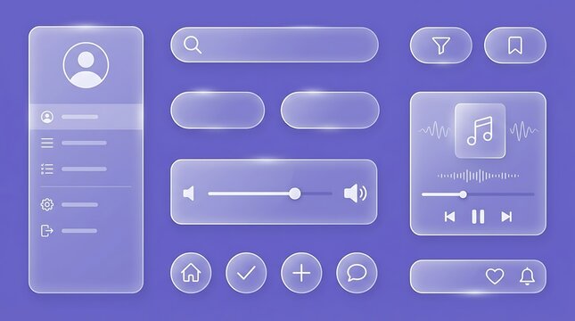 Glassmorphism UI Interface Kit with Frosted Transparent Elements for Modern Mobile Application Design and Digital User Experience