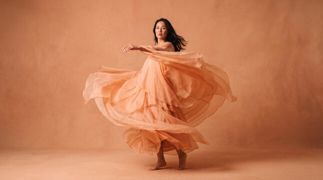 Elegant woman in flowing peach dress gracefully dances against a warm studio backdrop