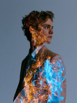Young man with map projection on face and blazer for travel concepts design.