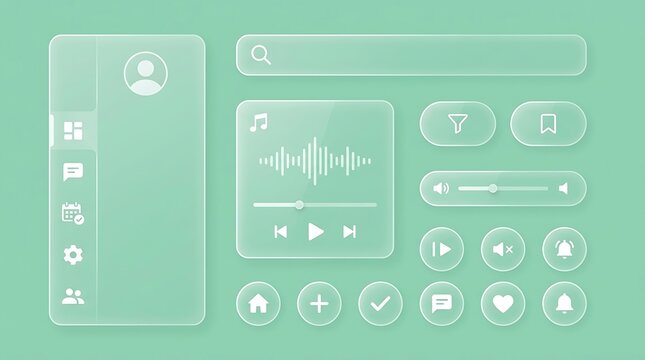 Soft Glassmorphism UI Kit Elements for Modern Web and Mobile Application Interfaces Featuring Frosted Translucent Controls and Navigation Icons
