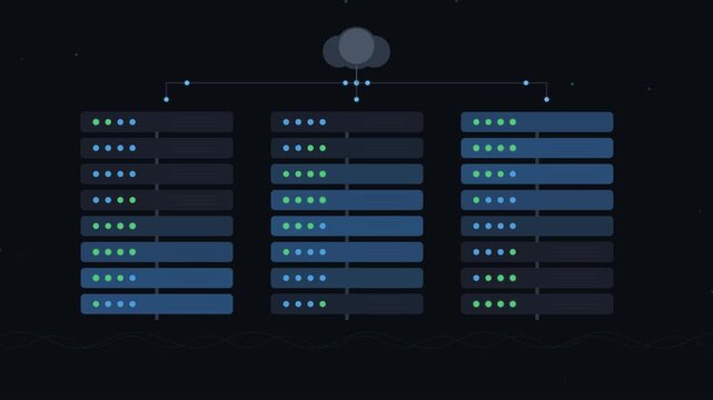 Motion render illustration of cloud computing server racks connected to web database system in dark digital data center background