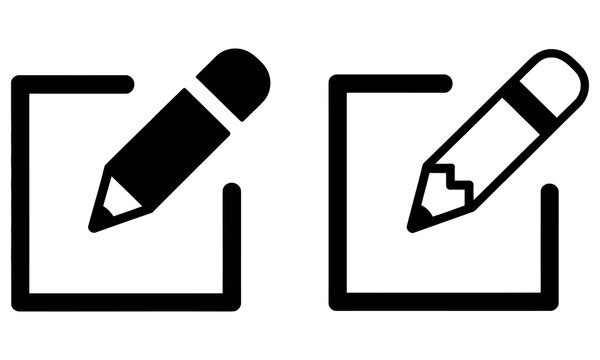 Edit and write icon set with pencil and paper square outline symbols in black and white style