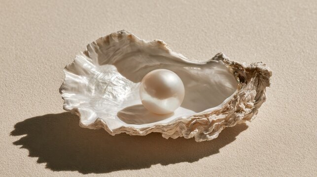 Single round pearl inside textured oyster shell on beige surface with soft natural shadow and bright lighting
