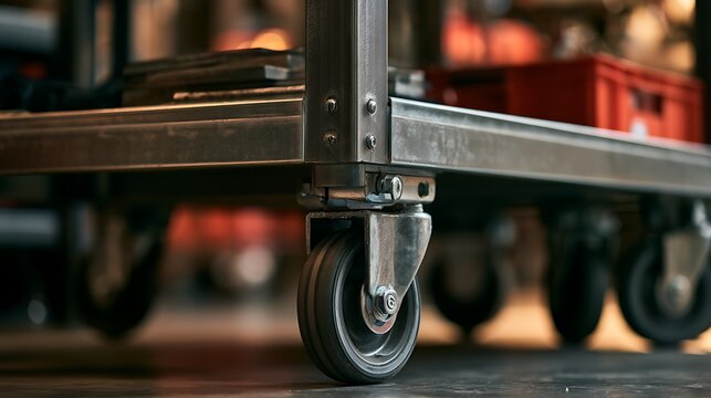 Close up of heavy duty metal cart caster wheels on warehouse floor.