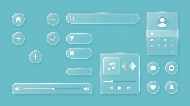Frosted Glass User Interface UI Design Elements Kit Featuring Translucent Navigation Buttons and Media Player Controls for Digital Applications