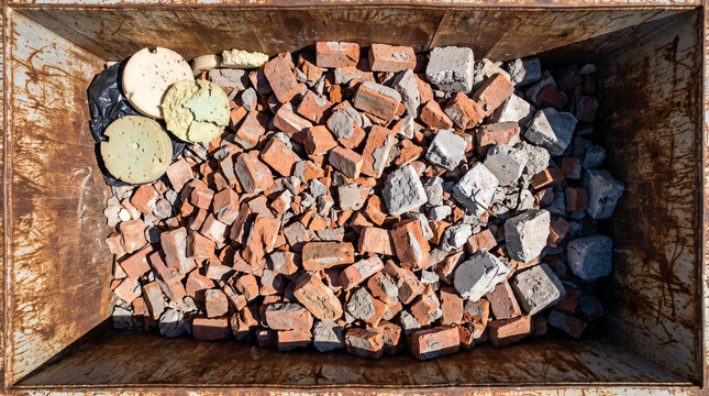 Top-down view of brick and concrete rubble debris filling a metal skip dumpster at a demolition site