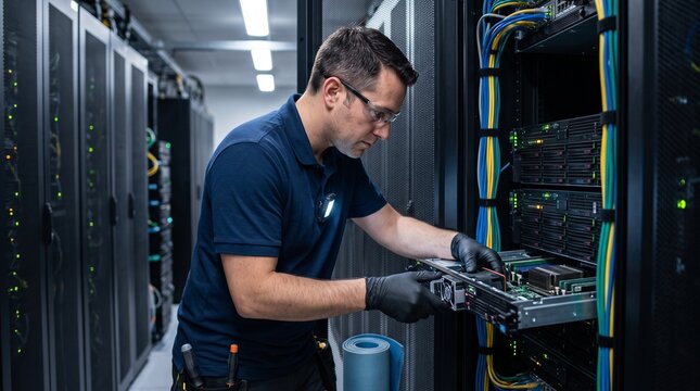 IT technician wearing gloves installs server hardware in a data center rack with cables and blinking lights