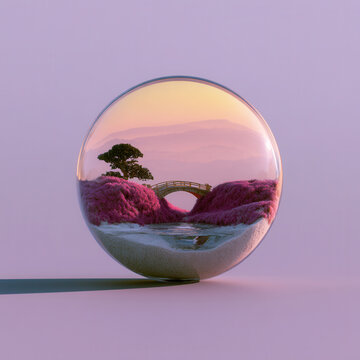 Glass sphere with japanese garden miniature landscape pink floral zen scenery.