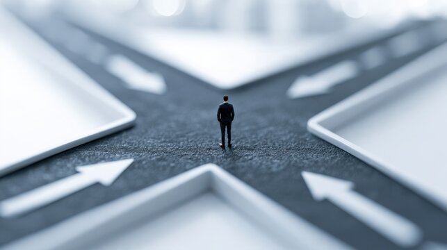 A tiny man stands at a crossroads, contemplating his next move. The road splits into four directions, each marked with a white arrow. The image evokes a sense of decision, choice.