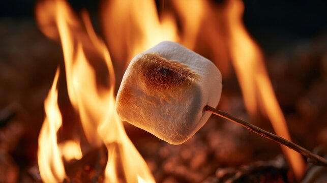 Close-up of toasted marshmallow on stick over open fire flame with glowing embers in dark background outdoor camping cook
