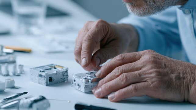 An engineer meticulously assembling a small intricate mechanical device. His hands are focused on the delicate task, highlighting the precision required in engineering and design