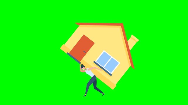 Woman paying bills monthly house expense. House rent. Business Woman shoulders the burden of the house and all the housework. Woman with payment schedule pay money. 2D flat animation. Alpha channel