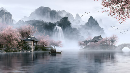 Fototapeta premium Chinese landscape backdrop featuring a lake and mountain scenery, painted in Japanese watercolor with waterfall, hills, cherry blossom trees, Chinese temples, boat, bridge, and birds. Suitable for wal