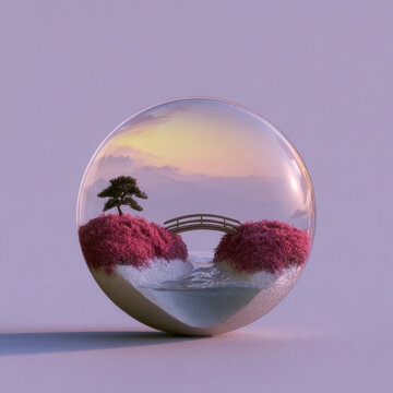 Glass sphere with japanese garden miniature landscape pink floral zen scenery.