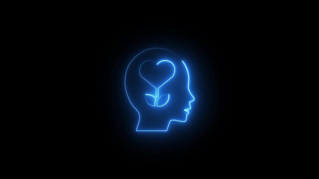 Neon glowing human head silhouette with heart plant symbol for mental health and wellness concept mindfulness