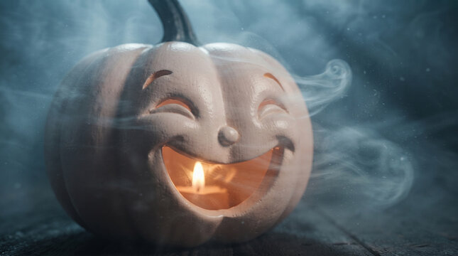 Close up of a laughing white pumpkin jack-o-lantern surrounded by mystical smoke
