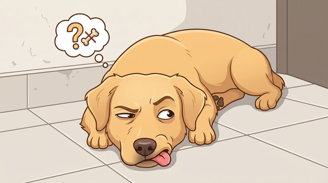 A funny vector-style digital illustration of a cute golden retriever or Labrador dog lying flat on tiled indoor flooring