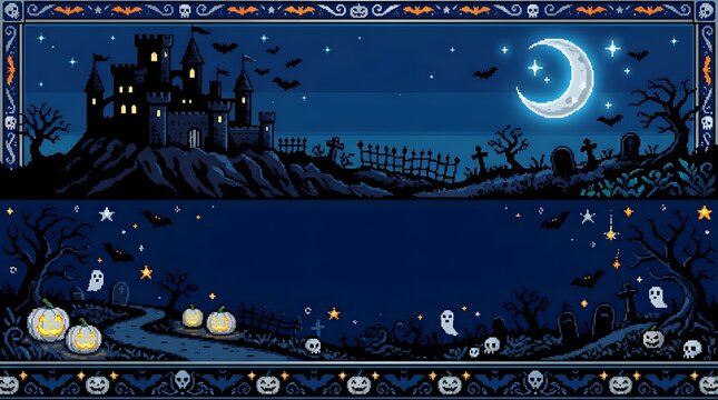Halloween-themed pixel art village with moon and ghosts