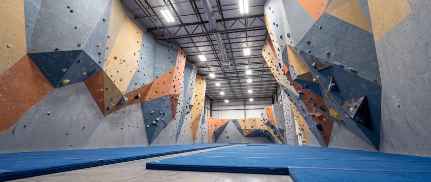 Indoor climbing gym with colorful artificial rock walls and padded floor, active recreation and bouldering facility.
