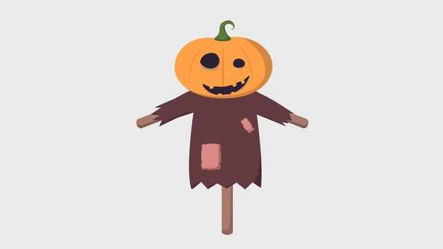 Halloween scarecrow animation on a transparent background, a Halloween scarecrow with a pumpkin on its head swaying because of the wind effect, this is a looping animation video