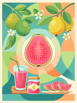 Pink guava fruit and fresh juice, flat geometric style, green pink yellow, tropical fruit concept