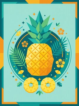 Geometric pineapple vector illustration, flat art style, teal and yellow, tropical fruit concept