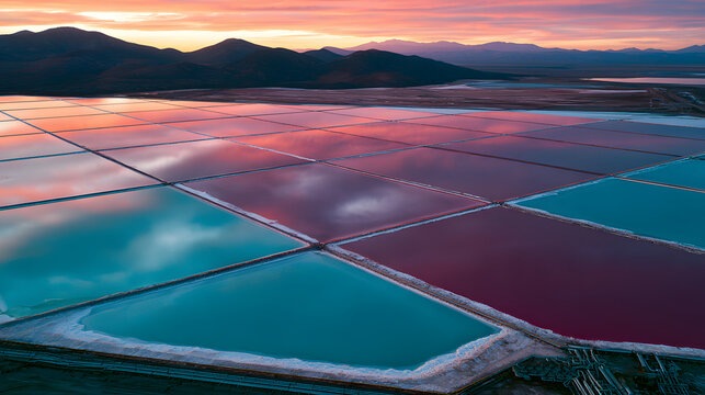 an aerial view of mineral mining evaporation ponds and brine pools, set against an industrial landscape, reflects the soft light of the sunset. This eco-friendly tech aims to extract lithium, a critic