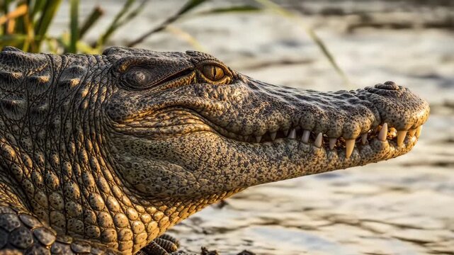 Close-up portrait of a fierce crocodile's head with sharp teeth visible, basking in warm sunlight near water and reeds.
