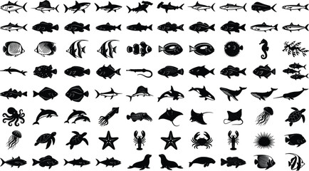 Comprehensive marine wildlife and ocean fish solid black silhouette icon collection featuring sharks whales dolphins tropical reef fishes sea turtles crabs and lobsters isolated on white background © Ahamed Al Joni