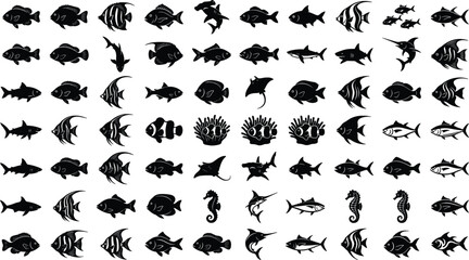 Obraz premium Comprehensive tropical reef fish and marine life solid black silhouette icon collection featuring coral sharks stingrays clownfish seahorses and ocean fishes isolated on white background