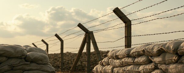 Obraz premium A barbed wire fence stretches alongside sandbags under a cloudy sky, suggesting a military or conflict zone setting at dusk.