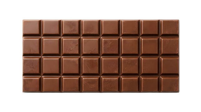 Top view of a rectangular milk chocolate bar with square segments isolated on a black background