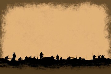 Obraz premium Silhouettes of soldiers with rifles advancing over a rough terrain against a sepia background with a grunge border.