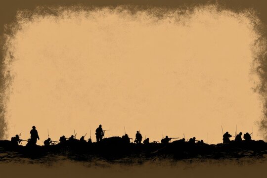 Silhouettes of soldiers with rifles advancing over a rough terrain against a sepia background with a grunge border.